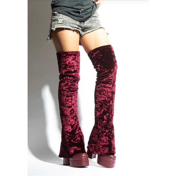 Mata Shoes Elvira Maroon Velvet Fold Over Thigh High Boots - Picture 3 of 3